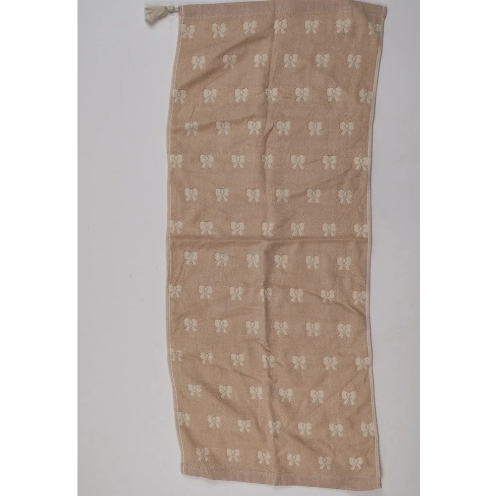 Liaosijin Scarf Bow Jacquard Tassel Tan Cream Linen Blend NWT